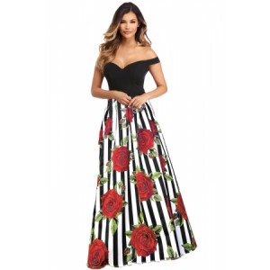 Off Shoulder Sweetheart Neck Bodice Floral Print Gown Red Blue